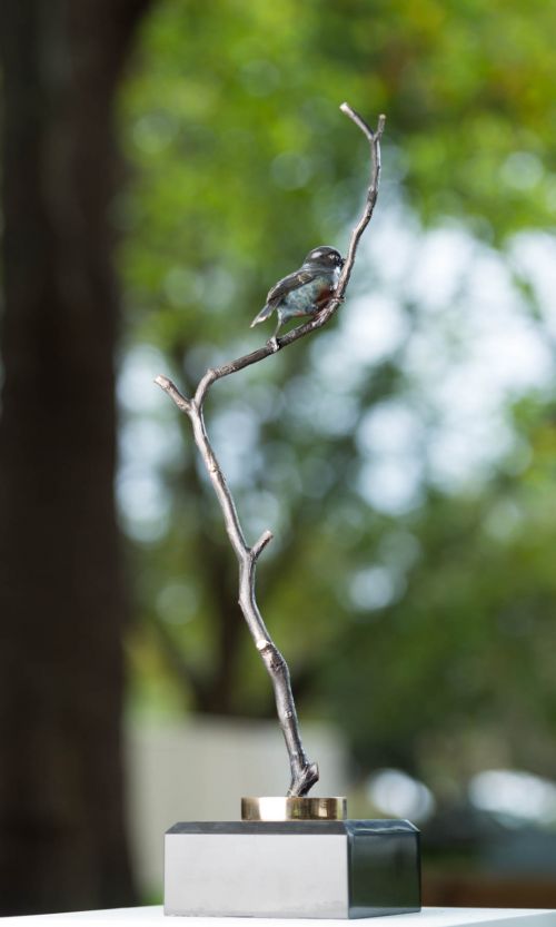 Robin in a Wattle sculpture by Jake Mikoda