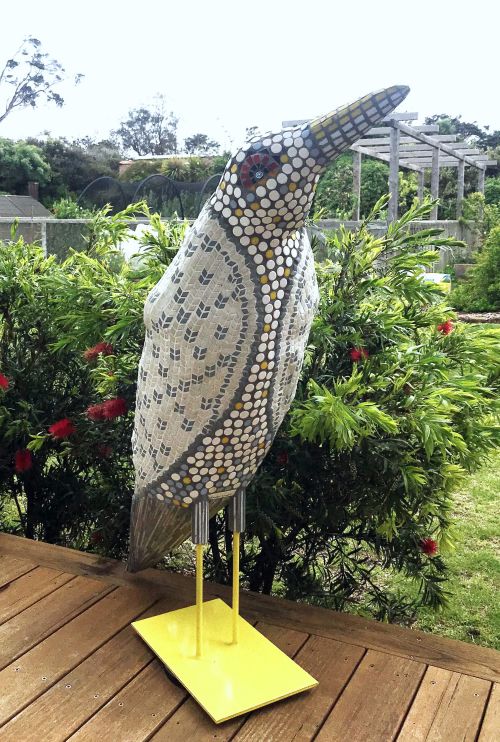 Bird with Knitted Jacket sculpture by Sandie Wright