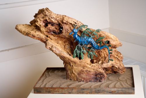 Leafy Seadragon on driftwood sculpture by Aukje Van Vark