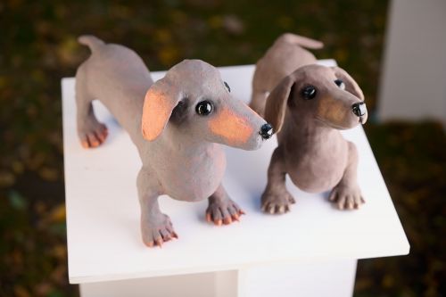 Huey and Duey Pair of Dachshunds sculpture by Heather Wilson