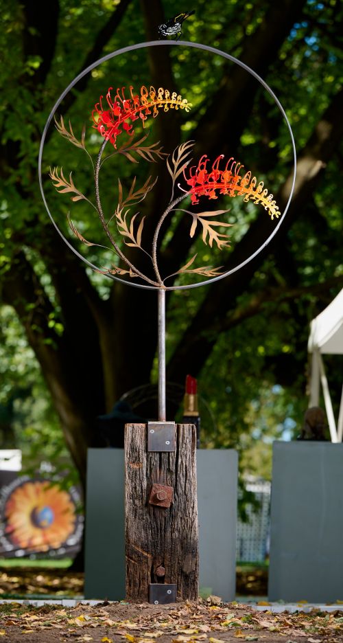 Freestanding Double Grevillea piece with New Holland Honeater sculpture by Grant Flather